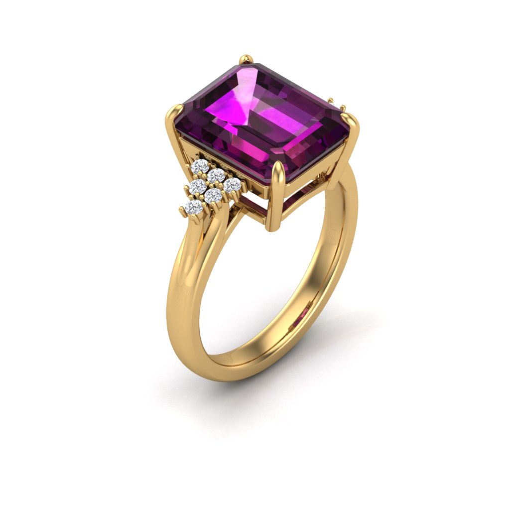 Alexandrite 7.38ct Lab-Grown Emerald Cut Ring with Moissanite Diamonds in 14K Yellow Gold Plating