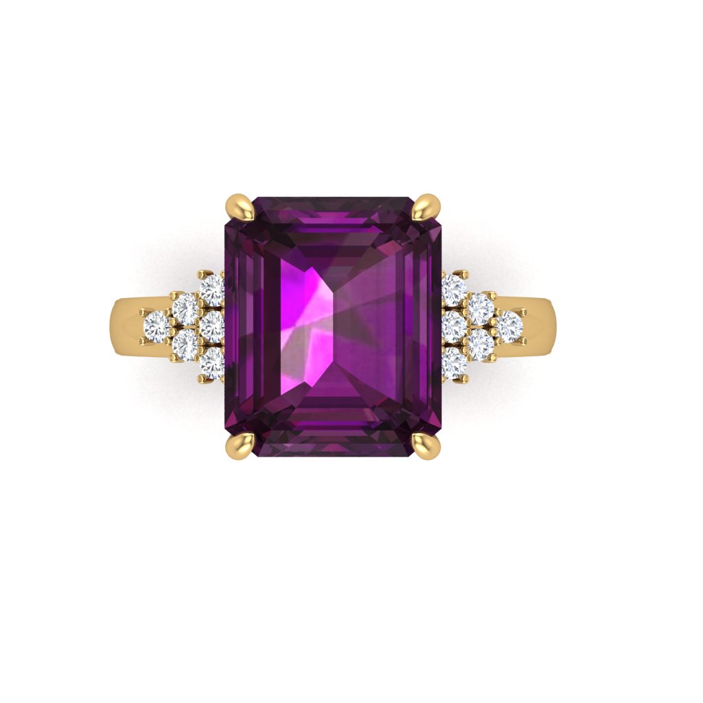Alexandrite 7.38ct Lab-Grown Emerald Cut Ring with Moissanite Diamonds in 14K Yellow Gold Plating