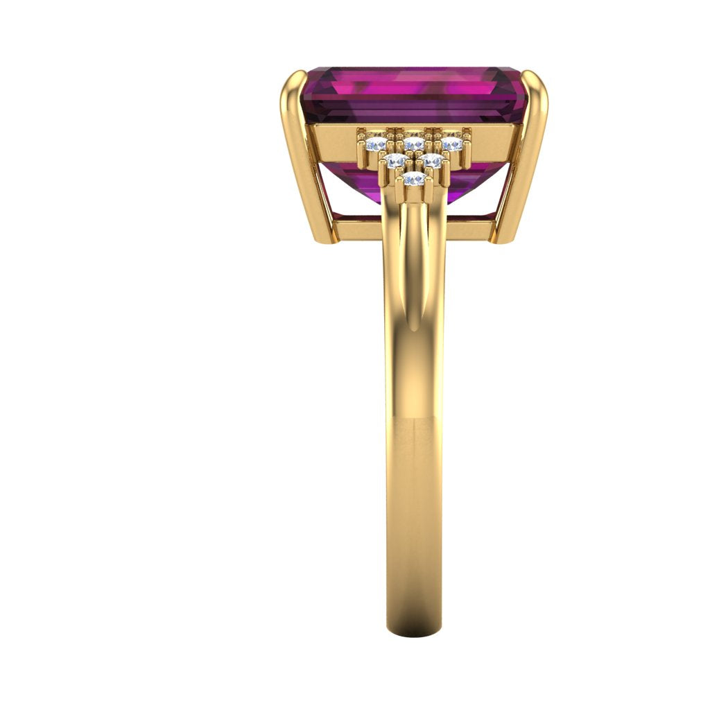 Alexandrite 7.38ct Lab-Grown Emerald Cut Ring with Moissanite Diamonds in 14K Yellow Gold Plating