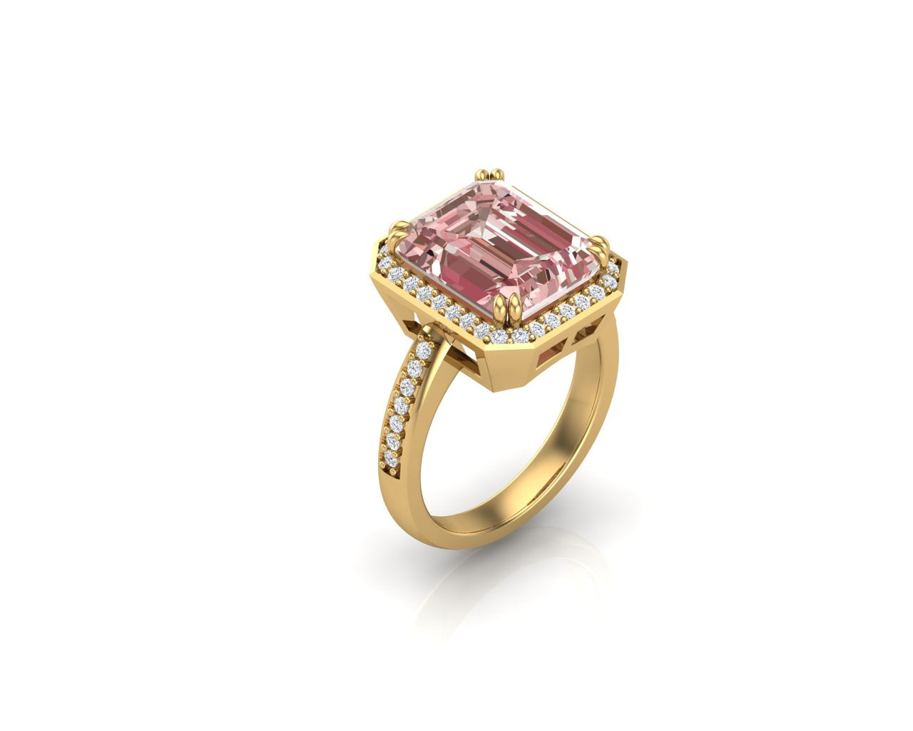 Sakura Pink 8.48ct Emerald-Cut Halo Ring – 14K Yellow Gold Plated