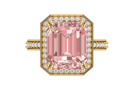 Sakura Pink 8.48ct Emerald-Cut Halo Ring – 14K Yellow Gold Plated