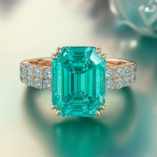 Paraiba Emerald-Cut Ring – 10.16ct with Moissanite & Dual ½ Eternity Band