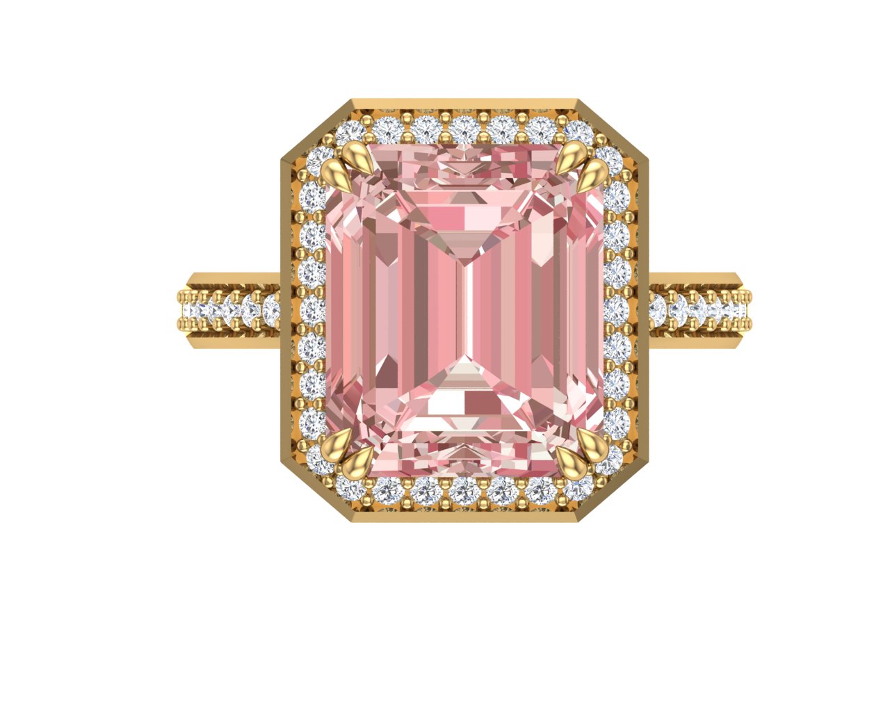 Sakura Pink 8.48ct Emerald-Cut Halo Ring – 14K Yellow Gold Plated