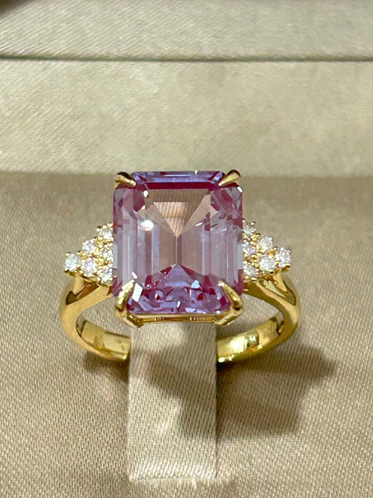 Alexandrite 7.38ct Lab-Grown Emerald Cut Ring with Moissanite Diamonds in 14K Yellow Gold Plating