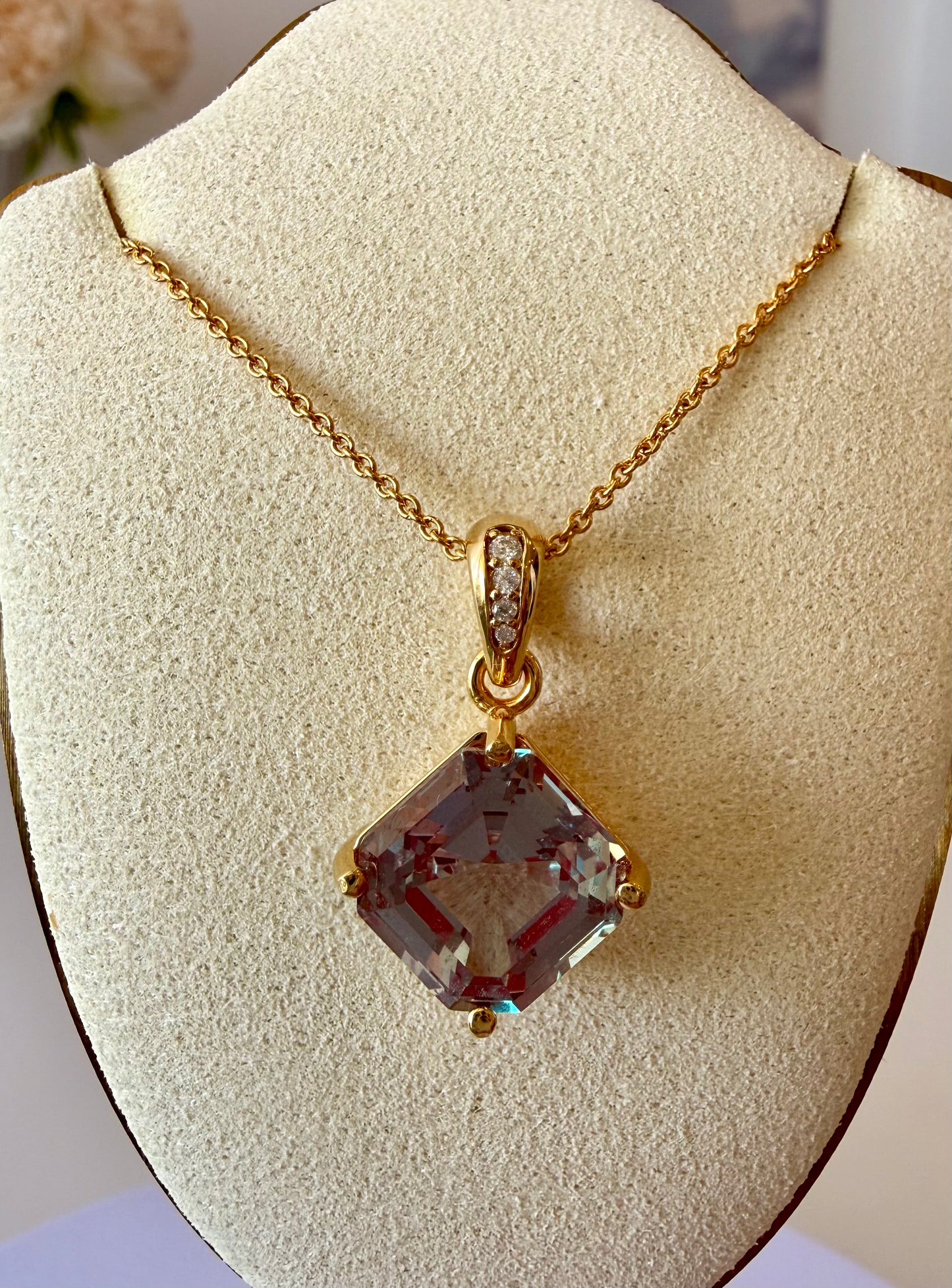 Lab-Grown 8.05ct Alexandrite Asscher Pendant with Moissanites in 14K Yellow Gold Plating on Cable Chain