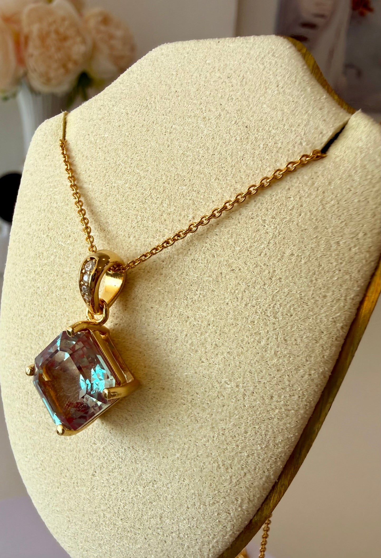 Lab-Grown 8.05ct Alexandrite Asscher Pendant with Moissanites in 14K Yellow Gold Plating on Cable Chain