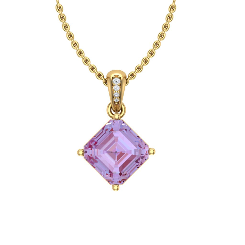 Lab-Grown 8.05ct Alexandrite Asscher Pendant with Moissanites in 14K Yellow Gold Plating on Cable Chain
