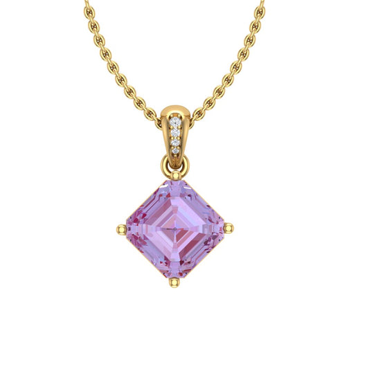 Lab-Grown 8.05ct Alexandrite Asscher Pendant with Moissanites in 14K Yellow Gold Plating on Cable Chain