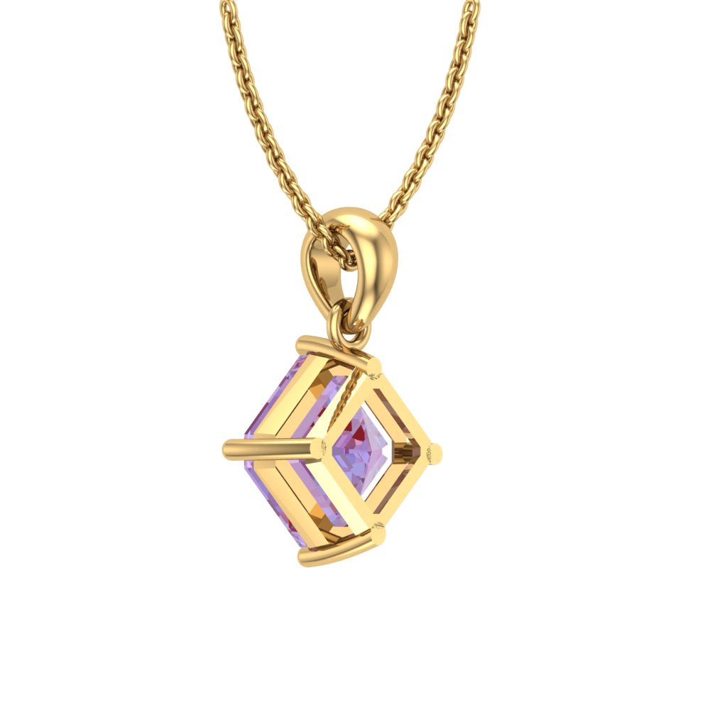 Lab-Grown 8.05ct Alexandrite Asscher Pendant with Moissanites in 14K Yellow Gold Plating on Cable Chain